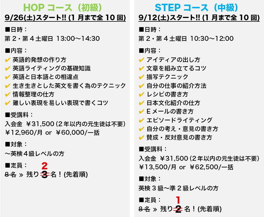 HOPコース（初級）とSTEPコースコース（中級）