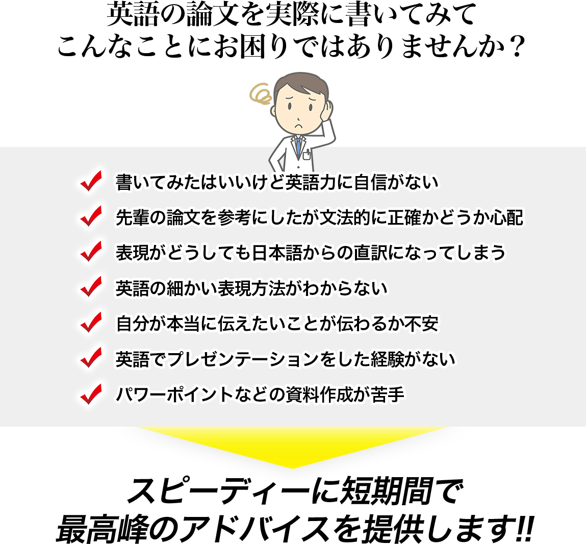 英語の論文を実際に書いてみて、こんなことにお困りではありませんか？書いてみたはいいけど英語力に自信がない。先輩の論文を参考にしたが文法的に正確かどうか心配。表現がどうしても日本語からの直訳になってしまう。英語の細かい表現方法がわからない。自分が本当に伝えたいことが伝わるか不安。英語でプレゼンテーションをした経験がない。パワーポイントなどの資料作成が苦手。